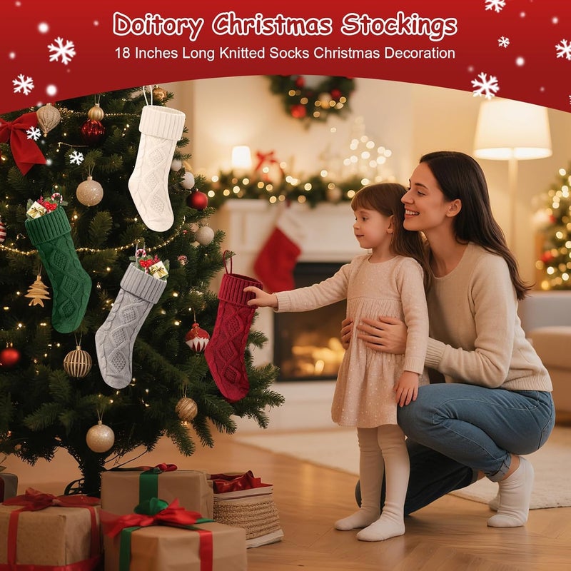 Doitory Store Christmas Stockings 18 Inches,Long Knitted Socks Christmas Decoration Hanging Stocking Fireplace Xmas Tree Stocking for Home Family（red+White+Green+Gray） - Image 2